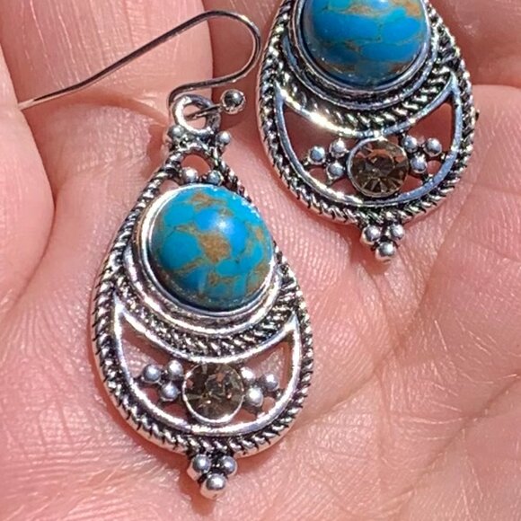 Turquoise Mountain Rhinestone Drop Earrings - Picture 3 of 9